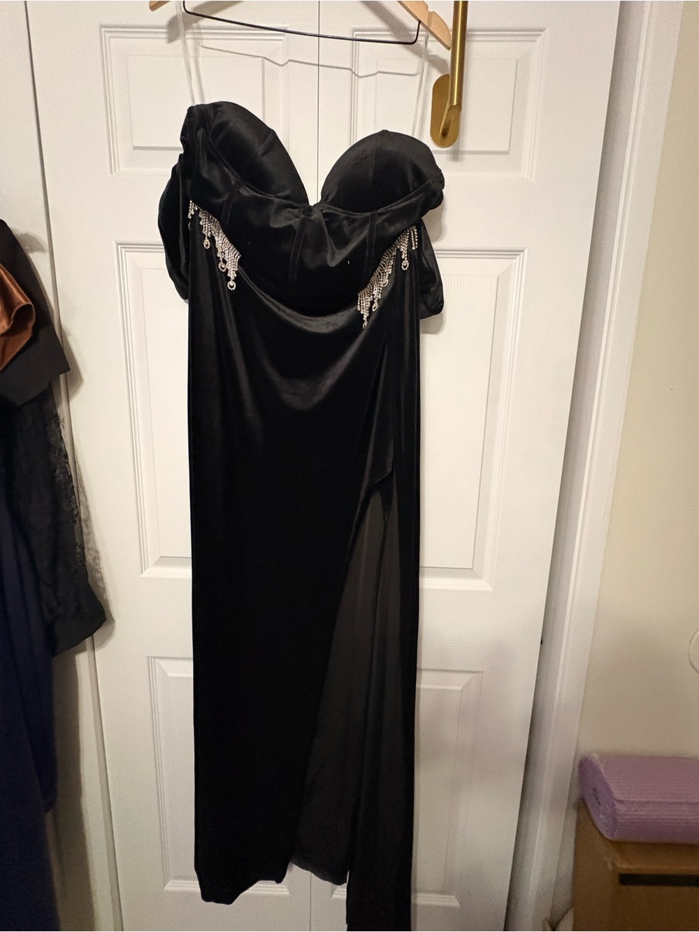 SHEIN Black Off-Shoulder Satin Slip with Rhinestone Fringe